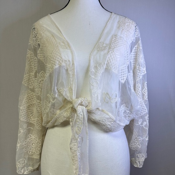 Boho Sheer Lace Tie Front S Cardigan Front Ivory Featival Top - Picture 1 of 8